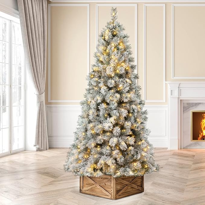 Glitzhome 7.5ft Pre-lit Snow Flocked Artificial Xmas Tree, Large Full-Size Pine Christmas Tree with 650 Warm White Lights Holiday Decoration
