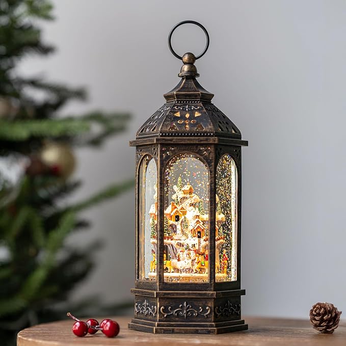 12.8'' Christmas Village Snow Globe Lantern, Santa Sleigh with Reindeer Will Rotate Around The Snowy Mountain Village with Musics Swirling Glitter Water Lantern for Home Decoration and Gift