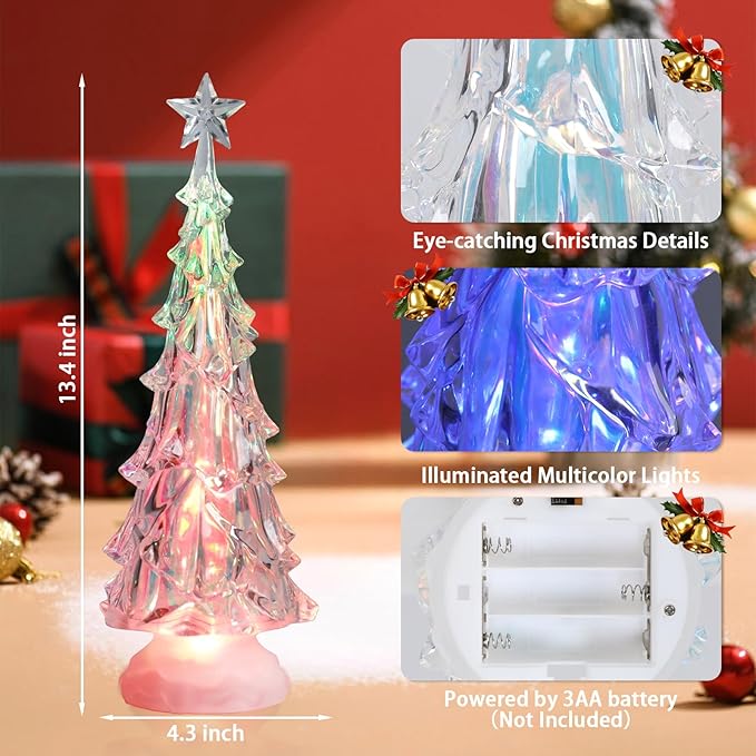 Acrylic Christmas Tree Table Decor, 14" Light up Color Changing Christmas Tree Figurine, Battery Operated Home Decorations Gift for Indoor Holiday Party Mantel Fireplace Centerpiece Decor