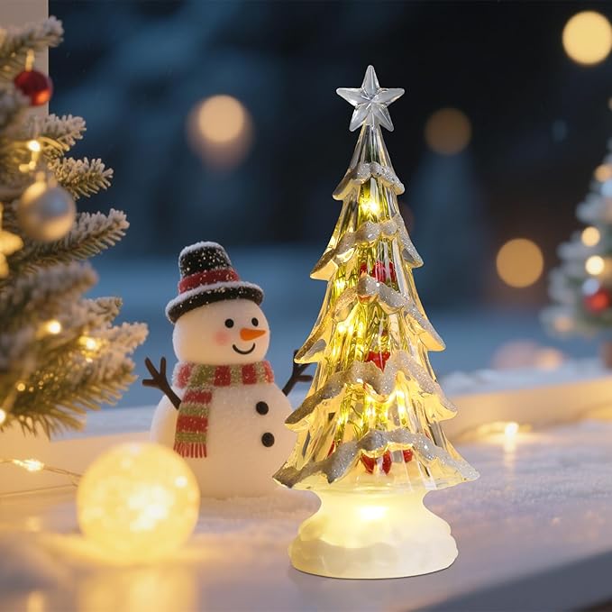 Acrylic Christmas Tree Table Decor, 11" Lighted up Christmas Tree Figurine, Battery Operated Home Decorations Gift for Indoor Holiday Party Mantel Fireplace Centerpiece Decor