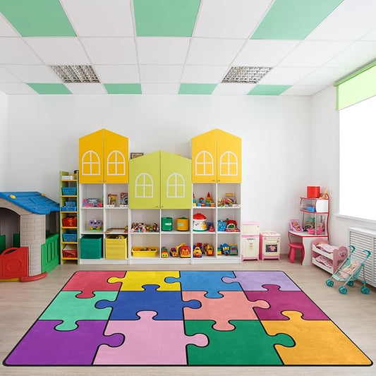 Kids Rug, Classroom Rug Colorful Puzzle Playmat Rugs - 5x7 Ft Kids Carpet with Rubber Backing, Classroom Carpet Play Mat Nursery Rugs for Children Boys Bedroom Playroom School Classroom Seating Carpet