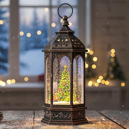 Christmas Snow Globe Lantern Octagon Rotating Train Christmas Tree Scene Music Box, USB and Battery Powered Christmas Decorations Presents.
