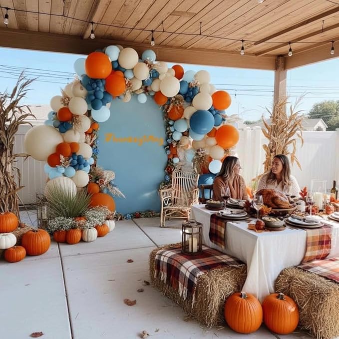 Orange Blue Balloon Arch Double Stuffed Latex Orange Sand White Balloons Light Blue White Balloon Garland for Birthday Fall Baby Shower Thanksgiving Harvest Autumn Home Decor
