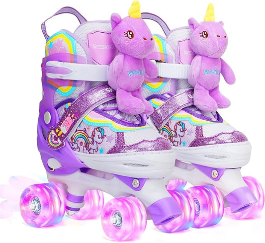 Unicorn Doll Kids Toddler Roller Skates for Girls,WESKIFAN Quad Skating Shoes with Shiny Light up Wheels&Adjustable Sizes Beginners rollerskates for Birthday Xmas Gifts,Patines para Niñas Niños