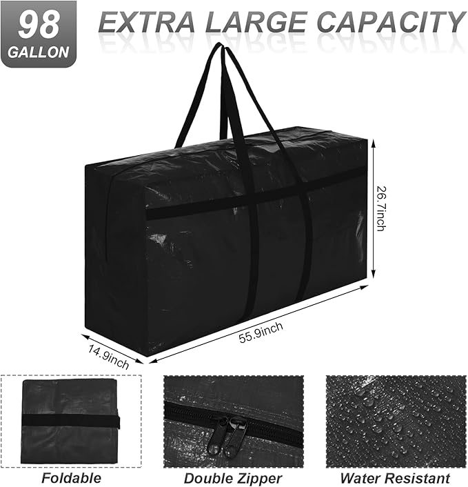 Windyun 4 Pack 98 Gallon Extra Large Storage Bags XXL Moving Bags with Zipper Handles Heavy Duty Jumbo Big Totes Box for Halloween Skeleton 4-12 Feet Christmas Tree Storage College Dorm Cloth (Black)