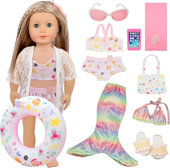 11 Pieces 18 Inch American Doll Bathing Suit Swimsuit with Accessories, Fashion 18 inch Doll Summer Outfits Including Mermaid Outfits,Swimming Circle,Bag,Phone,Shoes,Towel Set