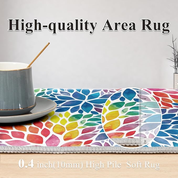 Abstract Rainbow 3x5 Entryway Rugs Colorful Dahlia Floral Rugs Multicolor Area Rug, Non-Slip Machine Washable Entrance Mat Carpet for Playroom Nursery Dining Room Kitchen Laundry 3' x 5'