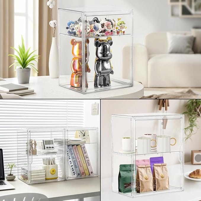 Acrylic Display Case for Collectibles, Clear Storage Bin with 3 Adjustable Layers and1 Removable Divider, Stackable Clear Storage Box with Magnetic Door for Figures, Home or Office,Large,3 Pack
