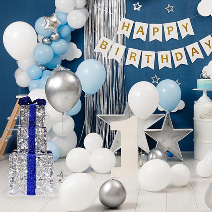 Lighted Gift Boxes Set of 3, Silver Boxes with Bow, Prelit 60 White Lights Present Box Lighted Display with Plug for Home Porch Outdoor Yard Christmas Decorations-Blue