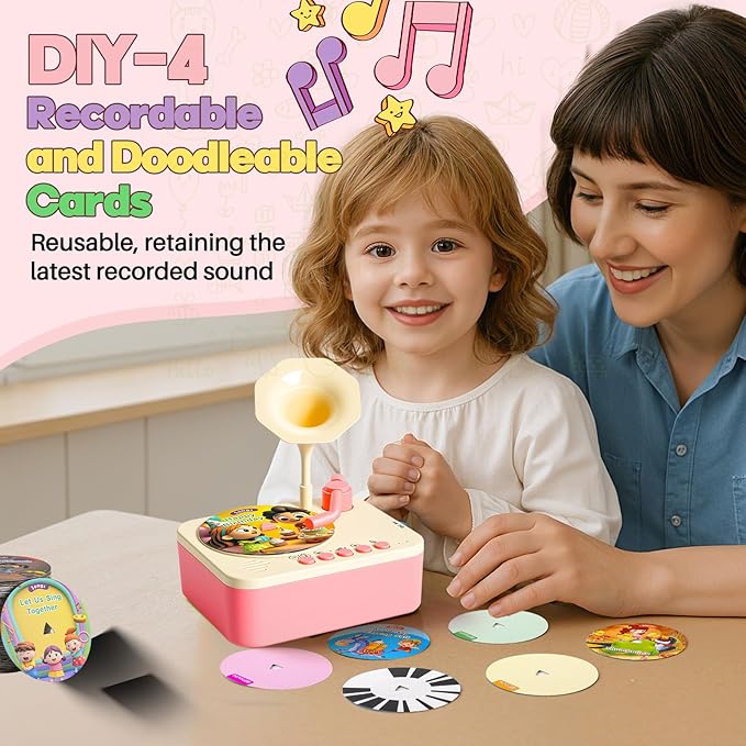 Kids Phonograph Toddler Record Player， with 96 Learning Cards, Early Education Machine Record Player Music Box Storyteller pop Speakers, Gift for Boys and Girls