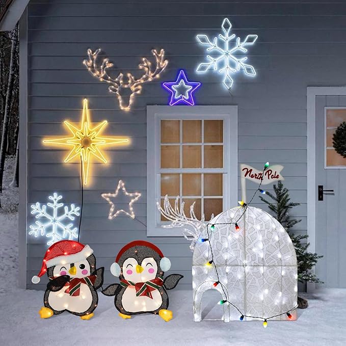 Hausse Set of 2 Lighted Christmas Penguins Decorations, Pre-Lit 2D Tinsel Cute Penguin with Incandescent Lights, Light Up & Plug in for Indoor Outdoor Xmas Winter Holiday Yard Lawn Garden Decor