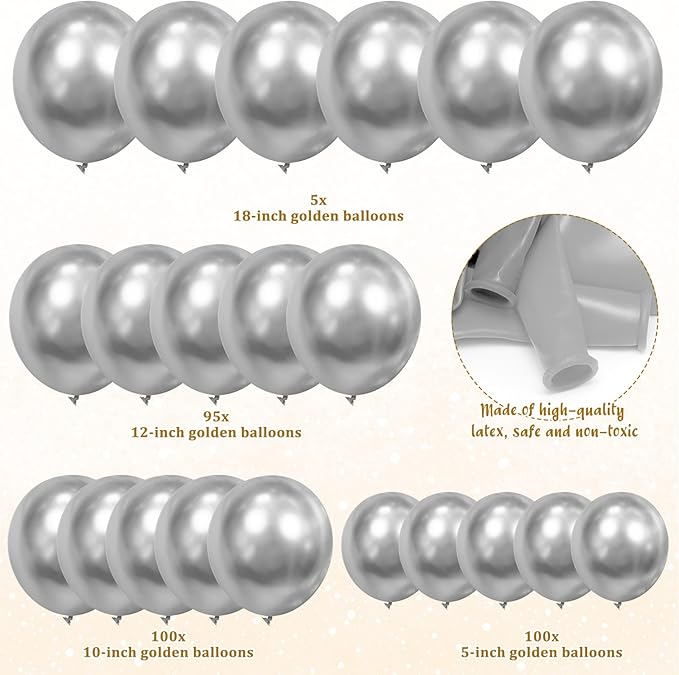 300 Pcs Latex Balloons Different Sizes 5/10/12/18 Inch Party Anniversary Balloons Bulk for Birthday Wedding Baby Shower Party Decoration(Metallic Silver)