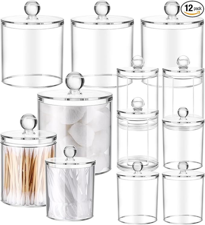Meanplan 12 Pack Acrylic Holder Dispenser Plastic Apothecary Jars with Lids for Cotton Ball, 10/22/39 oz Clear Plastic Storage Jars Floss Holder Container for Cotton Swab Bathroom, 3 Sizes