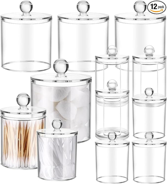 Meanplan 12 Pack Acrylic Holder Dispenser Plastic Apothecary Jars with Lids for Cotton Ball, 10/22/39 oz Clear Plastic Storage Jars Floss Holder Container for Cotton Swab Bathroom, 3 Sizes