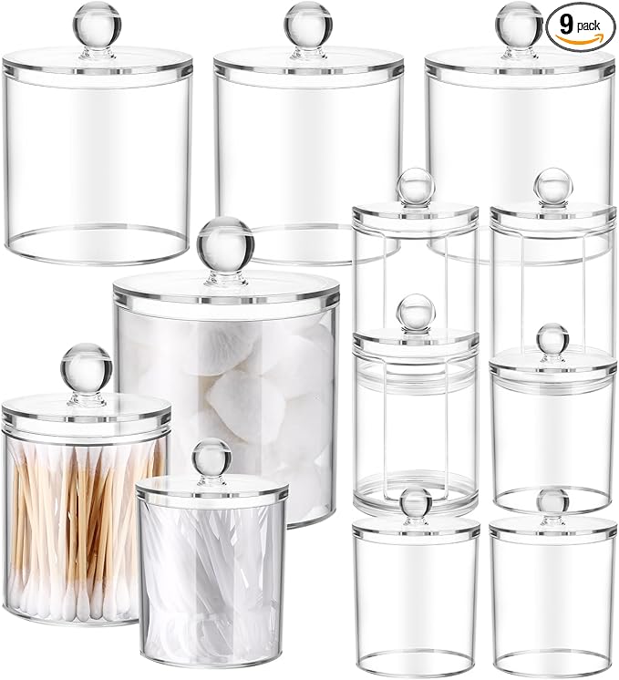 9 Pack Acrylic Holder Dispenser Plastic Apothecary Jars with Lids for Cotton Ball, 10/22/39 oz Clear Plastic Storage Jars Floss Holder Container Bathroom Canisters for Cotton Swab Bathroom, 3 Sizes