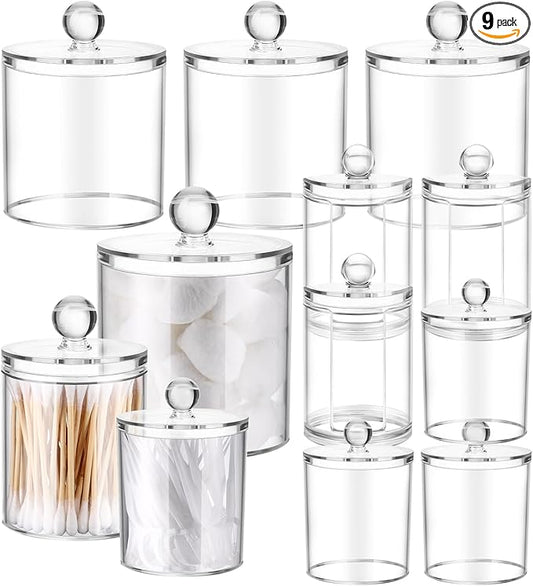 9 Pack Acrylic Holder Dispenser Plastic Apothecary Jars with Lids for Cotton Ball, 10/22/39 oz Clear Plastic Storage Jars Floss Holder Container Bathroom Canisters for Cotton Swab Bathroom, 3 Sizes