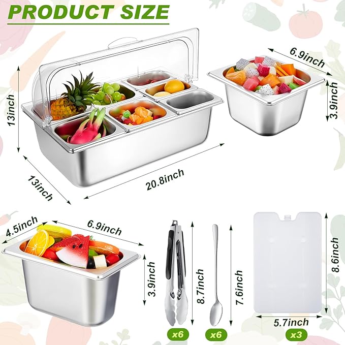 Tessco for you 16 Pcs Countertop Chilled Condiment Container Set with Lid, Stainless Steel Salad Cold Ice Food Spice Serving Display Caddy for Buffet Restaurant Kitchen Party(7 Compartments)