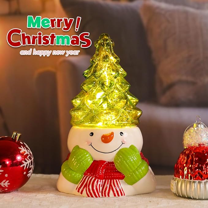 Small Ceramic Christmas Tree Hand-Painted Vintage Tabletop Christmas Tree Holiday Decoration with Multi-Color Lights Green Xmas Trees Snowmen 8.75inch