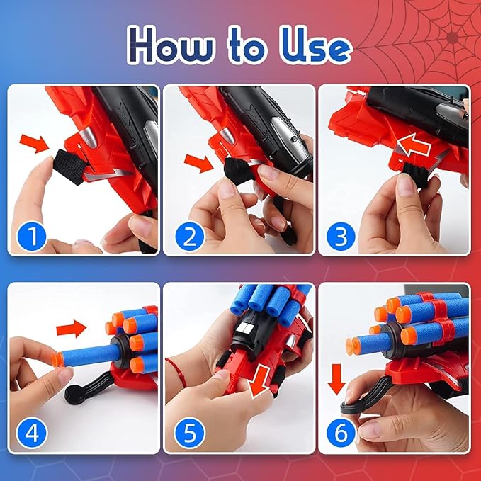 Superhero Spider Web String Launcher Slinging Toy Set, Includes 2 Web Shooters, 2 Gloves, 2 Hero Masks and 1 Cape, Ideal for Kids Indoor Outdoor Imaginative Role-Playing