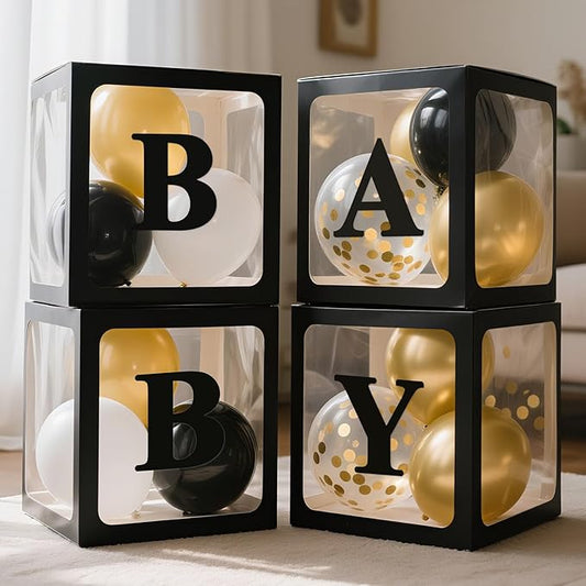 Ledido Baby Boxes with Letters for Baby Shower Decorations with 38 Balloons, 4 pcs Clear Baby Balloon Boxes Blocks for Baby Shower Decor Boy Girl Gender Reveal Decorations Backdrop Party (Black)