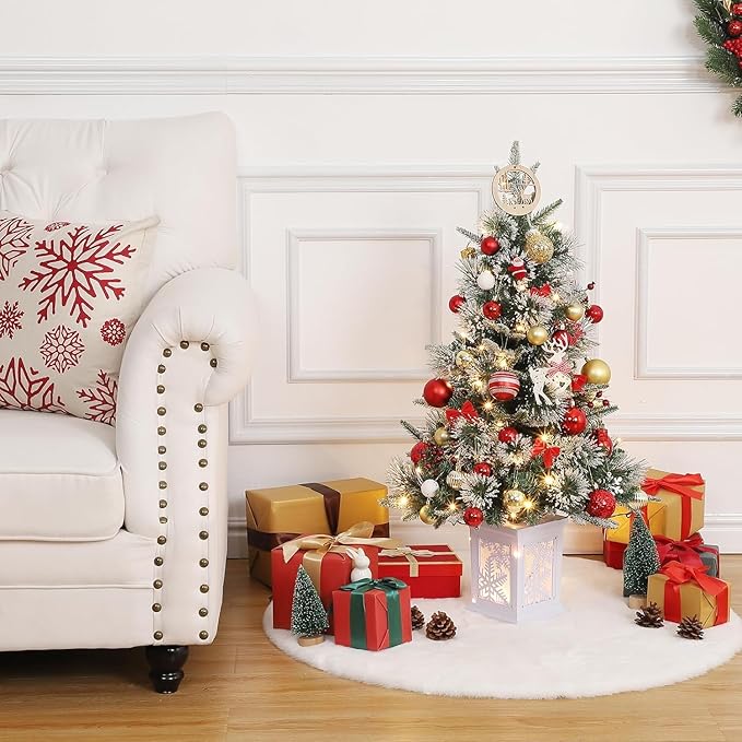 3FT Prelit Artificial Christmas Tree with Lights, 3 Foot Artificial Christmas Tree with Snowflake Base, 78 LED Prelit Christmas Tree, Battery Operated, Timer, Easy Assembly, Winter Holiday Decor