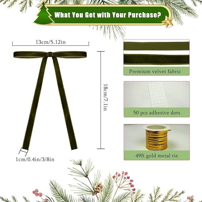 Velvet Bows for Christmas Tree, Vintage Velvet Ribbon Christmas Tree Bows with 50pcs Adhesive Dots 49ft Metal Tie, Ribbon Bows for Wreaths, Indoor Mantel, Gift Wrapping Decor - OliveGreen