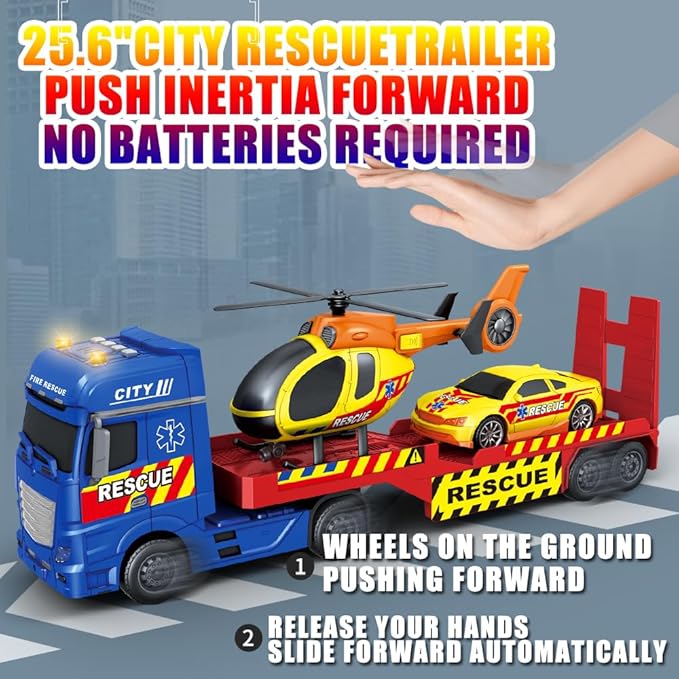 25" Rescue Tow Truck with Racing Car and Helicopter for Toddlers Lights & Sounds Birthday Gift for 3-6 Years Boys and Girls