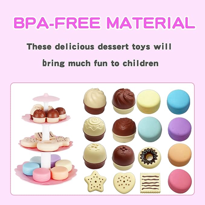 Tea Party Set for Little Girls, Pretend Dessert Food Set for Kids Age 3 4 5 6 7 8 9, Kids Kitchen Pretend Play Dessert Set for Girls Princess Boys