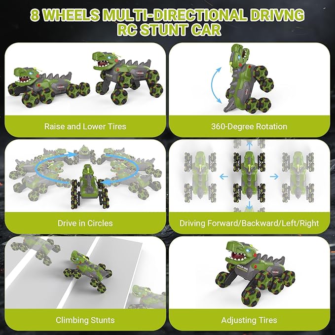 8WD RC Stunt Car Toys for Kids,2.4Ghz Remote Control Dinosaur toys 360° Rotating Changeable RC Stunt Dinosaur Remote Control Dinosaur Car Toys with Spray Lights, Birthday Gifts for Boys Girls Kids