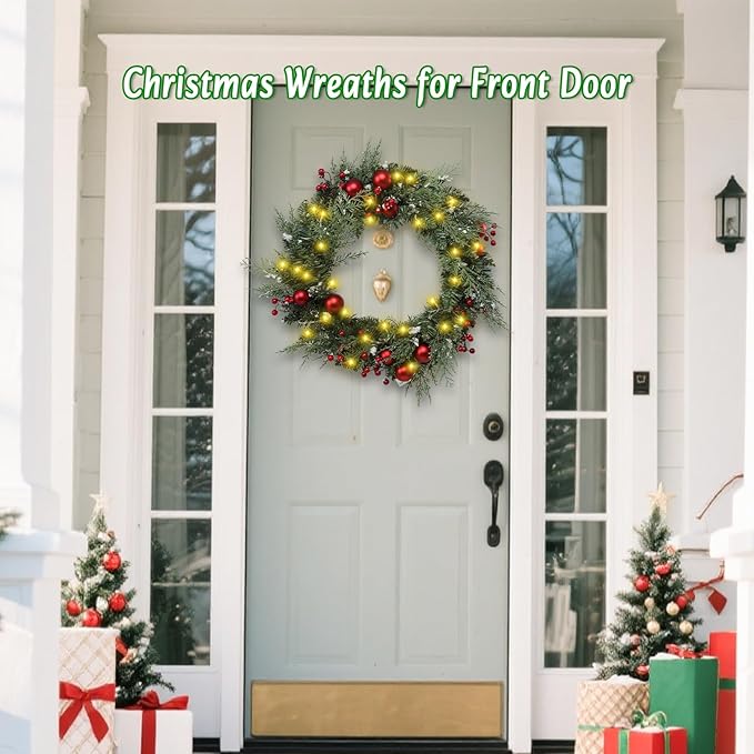 20" Large Christmas Wreath with LED Lights Winter Wreaths for Front Door or Wall Powered by 3AA Batteries for Indoor Outdoor Party Holiday Decorations