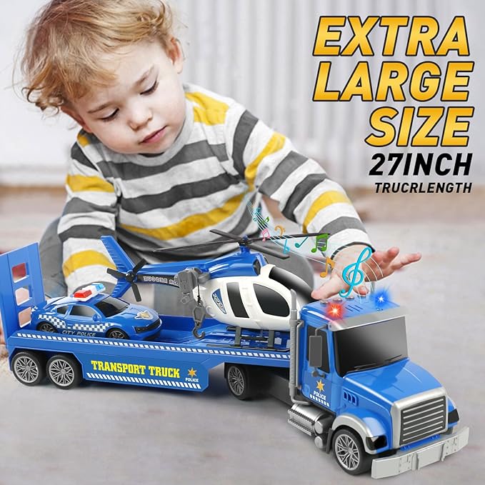Dwi Dowellin 27" Large Friction Powered Police Truck Toy with Car and Helicopter,Semi Truck Toys for 3 4 5 6 Years Old Toddlers Kids Boys & Girls Gift