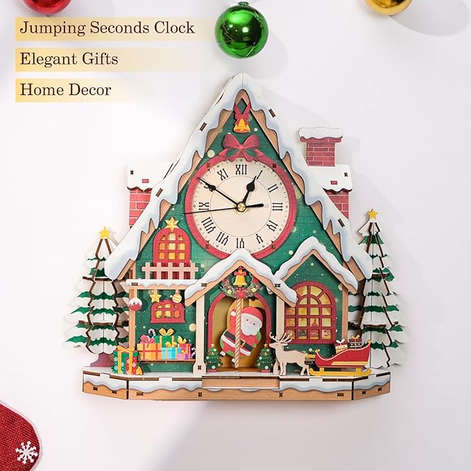 3D Puzzles for Adults Clock-Christmas Igloo Design Model Kit-Mechanical DIY Pendulum Clock with Roman Numerals-Desk Home Office Decor Personalized Gift for DIY Lovers