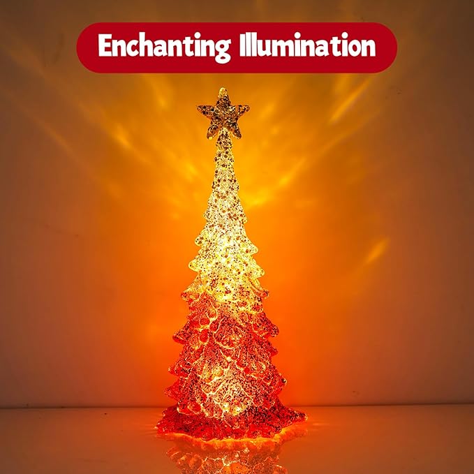 Valentine’s Day Gift 11 Inch Tabletop Christmas Tree with Sparkling Glitter - Battery Operated Acrylic Lighted Christmas Tree for Home Office Valentine’s Day Decor, Warm White Glow