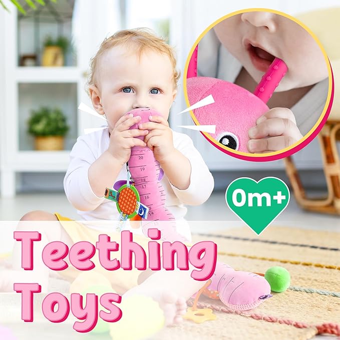 LIGHTDESIRE Baby Toys Musical Caterpillar,Infant Toys Stuffed Animals with Ruler Design,Mirror,Pull String&Ring Bell,Baby Teething Toys for Tummy Time Toy Newborn Gifts 3 6 12 Months(Pink,Leafy Limb)