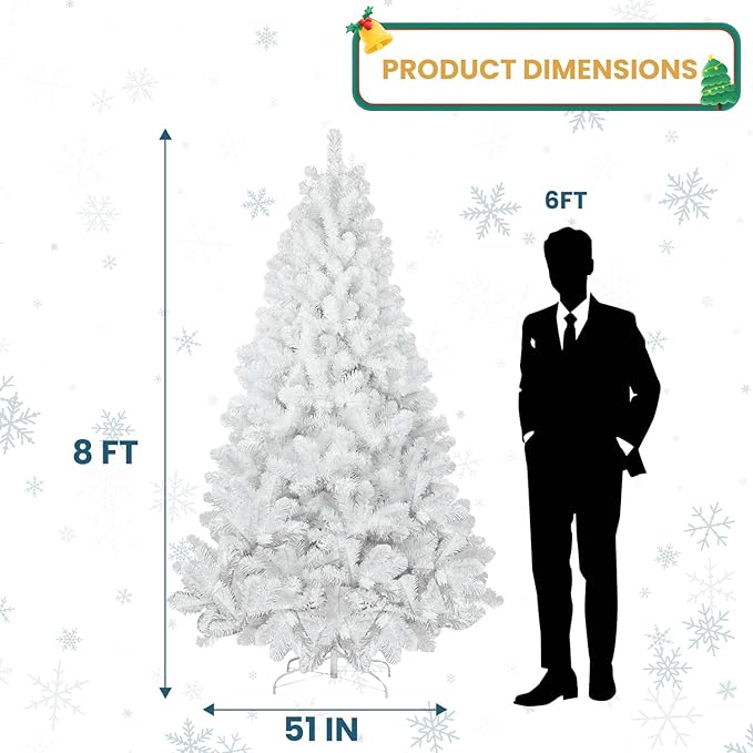 Kadunmina 8ft Artificial White Christmas Tree, Unlit Premium Xmas Tree with 1430 Branch Tips,Fake Spruce Full Hinges Trees for Home,Office,Metal Base