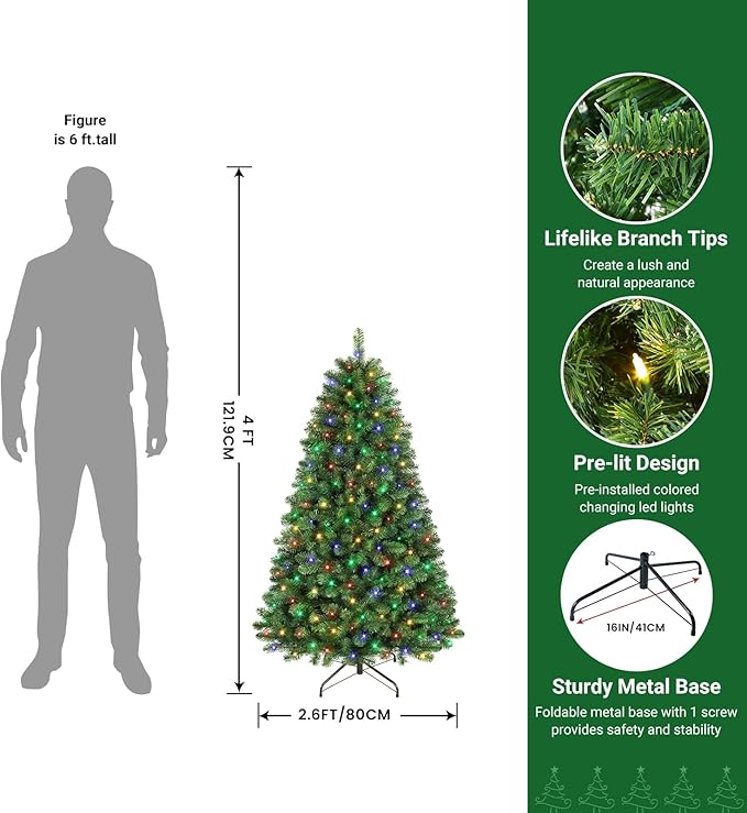 SHareconn 4ft Prelit Premium Artificial Classic Spruce Christmas Tree, 120 Warm White & Color LED Changing Lights, 382 Branch Tips, Perfect Choice for Xmas Decoration,4 FT