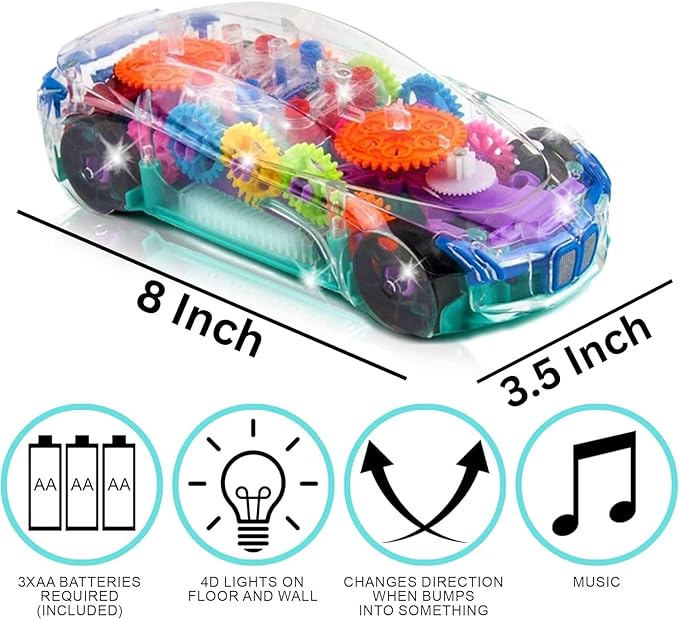 ArtCreativity Light Up Transparent Sensory Car Toy for Kids, 1PC, Bump and Go Toy Car with Colorful Moving Gears, Music, and LED Effects, Easter Toys for Toddlers, Great Birthday Gift Idea