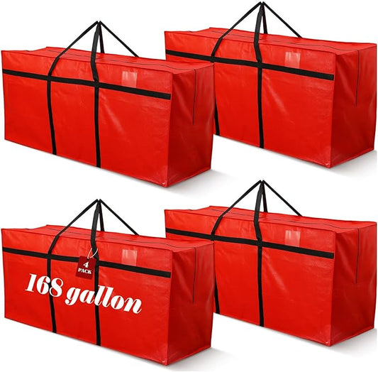 Windyun 4 Pack 168 Gallon Extra Large Storage Bags XXL Moving Bags with Zipper Handles Heavy Duty Jumbo Big Totes Box for Halloween Skeleton 4-12 Feet Christmas Tree Storage College Dorm Cloth (Red)