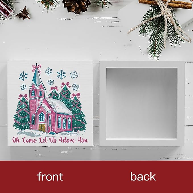 Oh Come Let Us Adore Him Sign, Jesus Christmas Tree Decor, Christian Christmas Decoration for Home Office Desk Table Shelf 5 X 5 inch