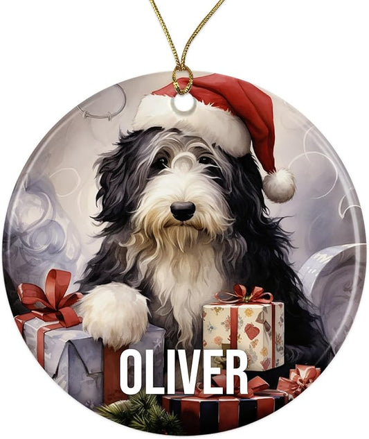Old English Sheepdog Personalized Dog Ornament - 3" Round Ceramic - Christmas Tree Decor - Dog Mom/Dad Gift - DOG0150