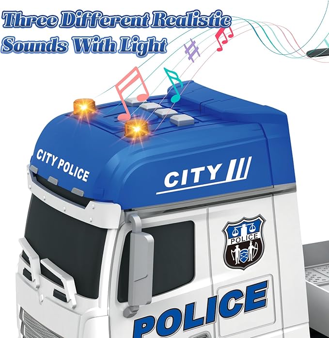 3-in-1 Police Truck Toys for Kids Ages 3-6 - Inertia Semi Trailer with Racing Car & Helicopter, Light and Sound Play Vehicles