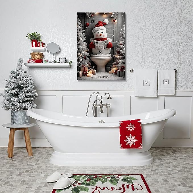AbcCustomize Funny Snowman Christmas Canvas Wall Art, Snowman Reading on Toilet Canvas Prints, Quirky Bathroom Picture for Humorous Christmas Decorations, Holiday Gifts and Winter Decor