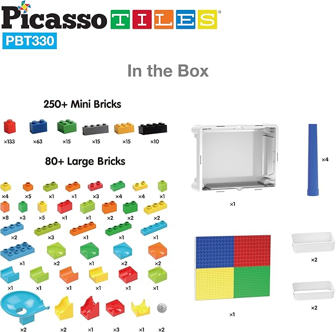 PicassoTiles Kids Activity Center Play Table & Study Desk Set Sandbox Water Tight Container Storage All-in-1 STEM Toy Kit Playset with 331pc Dual Size Building Bricks Construction Blocks Marble Run