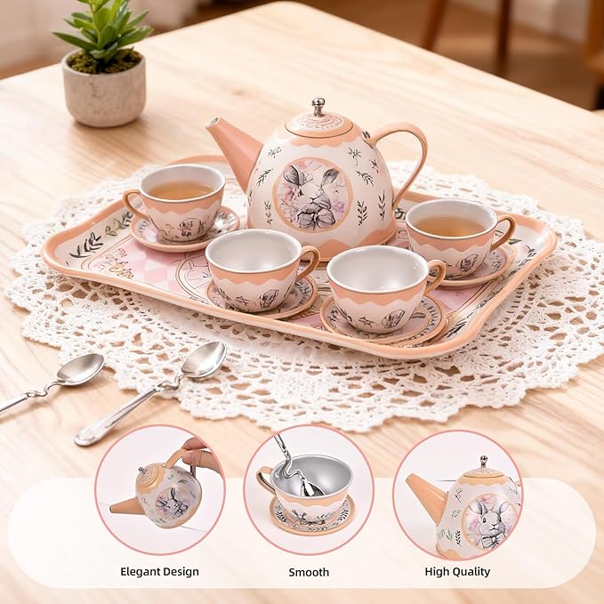 Tea Party Set for Girl, Tea Time Toys Including Tea Set Dessert Carrying Case, Kids Picnic Pretend Playset for Little Girls Birthday Toddler Kids Age 3-7