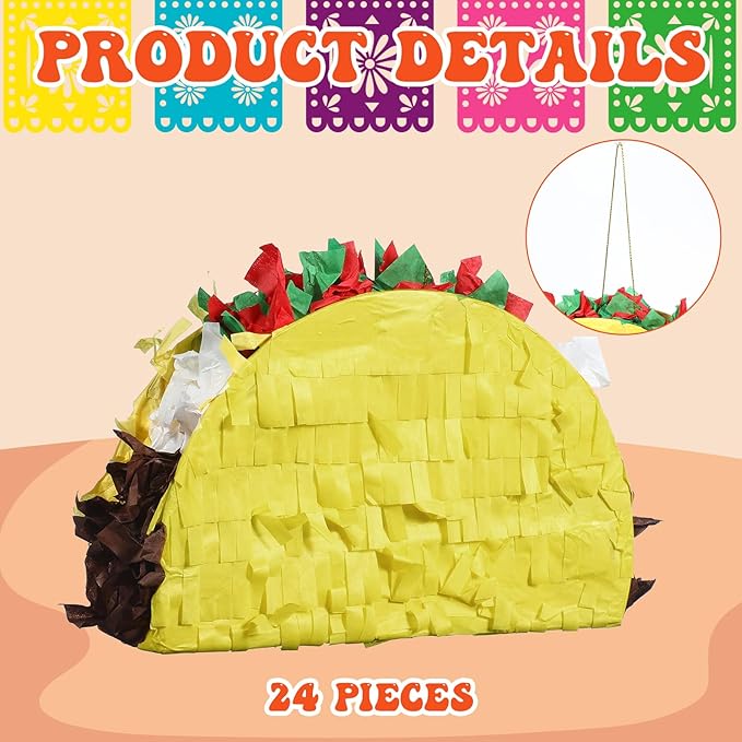 24 Pcs Mini Taco Piñatas for Cinco De Mayo Mexican Little Fiesta Taco Piñata Bulk for Mexican Carnivals Tuesday Event Party Favors, 5.9 x 3.9 x 1.6 Inches