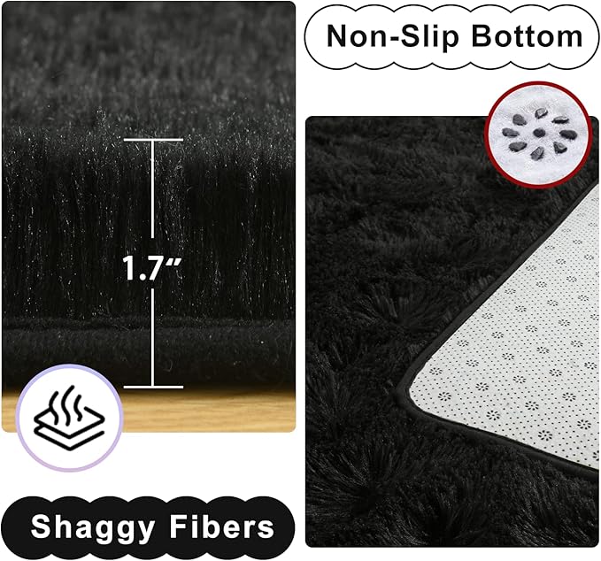 Ompaa Fluffy Runner Rugs, 2x4 Feet Black, Super Soft Shaggy Carpet Fuzzy Long Fur Rug for Bedroom Living Room Dorm, Plush Kids Playroom Baby Girls Nursery Decor Mats