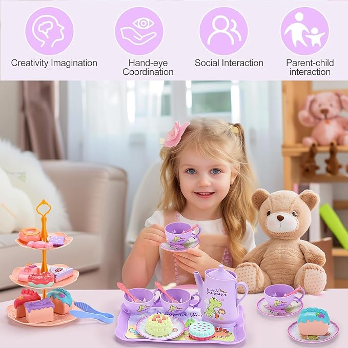 Dinosaurs Tea Party Set for Little Girls, Pretend Plastic Teapot Set, Princess Tea Time Play Kitchen Toy with Dessert, Carrying Case for Birthday Easter Gifts Kids Toddlers Age 3 4 5 6