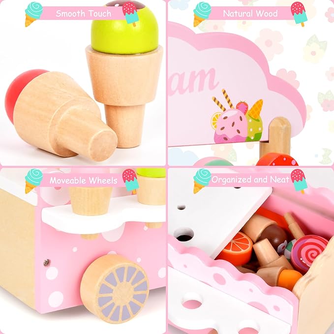 Wooden Play Toys for Toddler Girls 3-5 - Ice Cream Truck Cart Pretend Toys for Kids Ages 2-4, Montessori Toys Kitchen Popsicles Play Store Birthday Gifts for Girls Boys Toddlers 3 4 5 6 Year Old