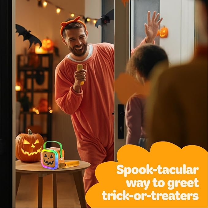 Move2Play, Halloween Karaoke Machine | Spooky Soundtrack & Voice Effects | Includes 2 Microphones | Bluetooth Wireless Music Player | Indoor & Outdoor Halloween Decoration for Kids & Adults