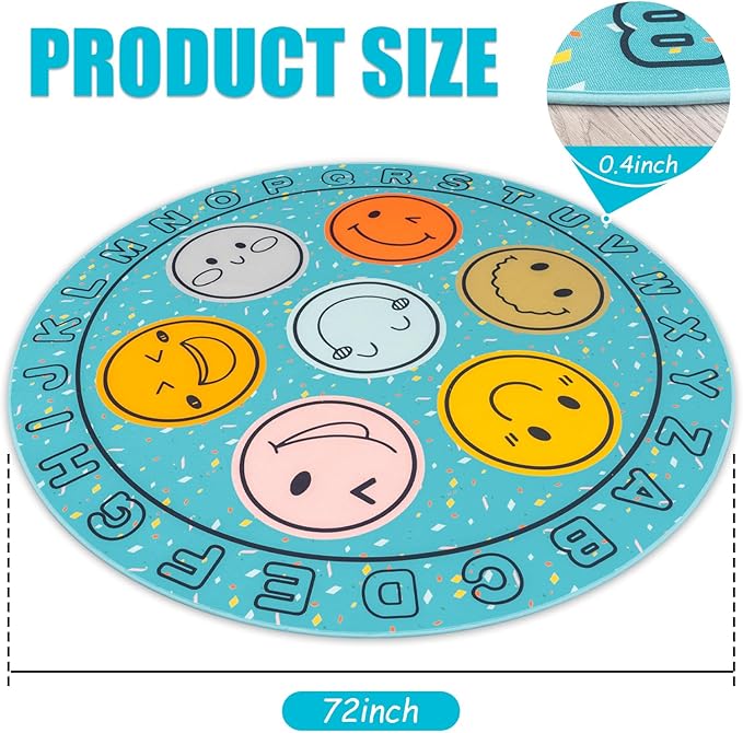 ABC Alphabet Rug for Kids, Classroom Playmat 6ft Non-Slip Circle Rugs for playroom, Round Area Rug for Elementary Classroom, Play Carpet for Boys Girls Bedrooms Playroom,Nursery Rugs-Blue or Black